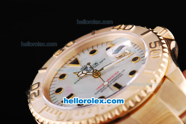 Rolex Yachtmaster Oyster Perpetual chronometer Automatic with White Shell Dial and Full Gold case , Bezel and strap-Round Bearl Marking-Small Calendar - Click Image to Close